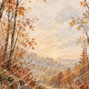 Könnte beinhalten: Ein Aquarellgemälde, das eine herbstliche Waldlandschaft mit orangefarbenem und braunem Laub an Bäumen zeigt, die einen zentralen Pfad einrahmen. Die Szene zeigt einen weichen, dunstigen Himmel über Hügeln in der Ferne mit dem Text LittleDaysPrintables.