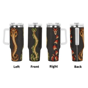 May include: Four views of a stainless steel tumbler with a handle and lid, featuring a black background and illustrations of various snakes including a brown cobra, a green snake, and a red and black banded snake, labelled Left, Front, Right, and Back.