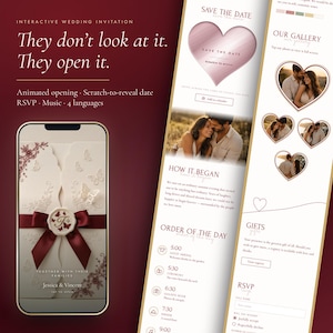 Può includere: Un invito di nozze digitale interattivo visualizzato sullo schermo di uno smartphone, con un biglietto color crema con nastro bordeaux, sigillo in ceralacca e dettagli floreali, insieme a un'interfaccia mobile con i dettagli dell'evento.