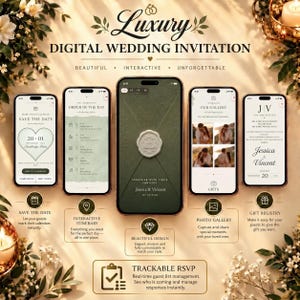 May include: A digital wedding invitation displayed on five smartphones, featuring a central olive green envelope with a wax seal. The screens show a save the date, itinerary, photo gallery, and invitation details for Jessica and Vincent.