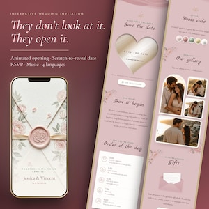 Puede incluir: Una invitación de boda digital interactiva mostrada en la pantalla de un teléfono, con un gráfico de sobre sellado con una rosa, un corazón para rascar y revelar la fecha, una galería de fotos y un horario detallado del día en tonos rosa y crema.