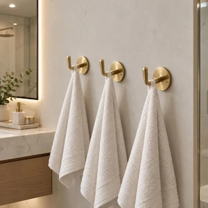Puede incluir: Tres ganchos de pared de metal dorado cepillado montados en fila, cada uno con una placa base circular y un brazo curvo. Cada gancho sostiene una toalla de mano de algodón blanco doblada, creando una exhibición uniforme de accesorios.