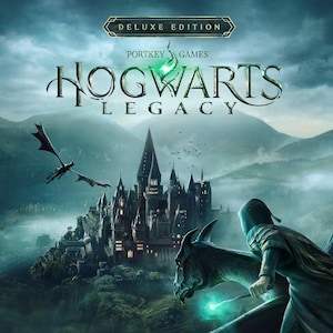 May include: The Hogwarts Legacy Deluxe Edition video game cover art features a large castle, a flying dragon, and a hooded figure riding a creature while holding a glowing wand. The title text reads Hogwarts Legacy and Portkey Games.