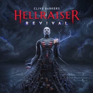 Op de afbeelding: Een digitale poster voor Clive Barker's Hellraiser Revival met een bleke figuur met spelden in het hoofd, gekleed in een donker, gestructureerd pak met rode accenten. De figuur houdt een gloeiende kubus vast tussen kettingen en donkere wolken.