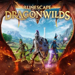 May include: A digital illustration titled RUNESCAPE DRAGONWILDS featuring three fantasy characters: an archer in green armour, a knight in silver plate armour with a shield, and a mage in a blue robe holding a glowing staff, framed by dragon wings.