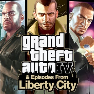 Puede incluir: Un gráfico promocional de Grand Theft Auto IV & Episodes From Liberty City que presenta a tres personajes masculinos distintos en una disposición vertical. El texto central muestra el título del juego en letras blancas y negritas.