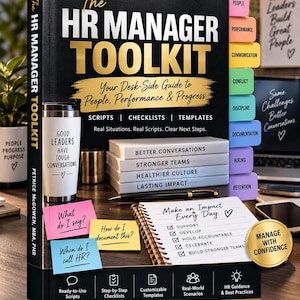 May include: A hardcover book titled The HR Manager Toolkit with a black cover and gold text. It includes a white tumbler with text, colorful sticky notes with questions, a spiral notebook with a checklist, and tabbed dividers labeled by category.
