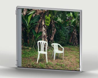 Puede incluir: Una caja de CD de plástico transparente que contiene una imagen de dos sillas de plástico blanco colocadas sobre un terreno de tierra y hierba frente a un denso grupo de bananos verdes con un racimo de plátanos verdes visible.