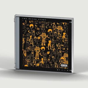 May include: A clear plastic CD jewel case containing an album titled The Never Story by J.I.D. The cover art features a black background with yellow line-art illustrations of various figures, including people in striped uniforms and police.