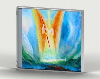May include: A clear plastic CD jewel case featuring a colorful painting of a central figure with large orange wings holding a thin red staff. The figure stands above a white horizontal form against a background of blue, green, and yellow.