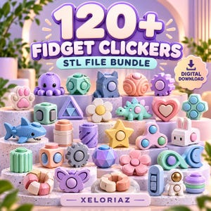 Peut inclure: Un lot de fichiers numériques de plus de 120 fidget clickers aux formes variées, dont une pieuvre, un requin, un dinosaure, un lapin, un astronaute, des fleurs, des étoiles et des formes géométriques aux tons pastel avec le texte 120+ FIDGET CLICKERS.
