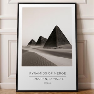 Sudan Travel Print, Meroe Pyramids Poster, Desert Landscape Art, Geographic Map Decor