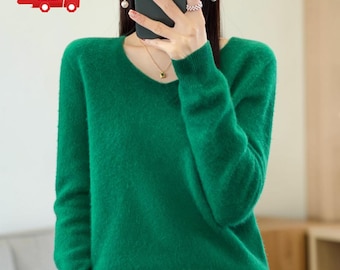 Women's V Neck Knit Sweater, Long Sleeve Pullover, Casual Korean Style Autumn Winter Top