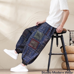 Men’s Harem Pants, Lightweight Patchwork Drawstring Trousers, Loose LARP Ren Faire Fantasy Knight Pants, Streetwear Joggers|StudioModernWear