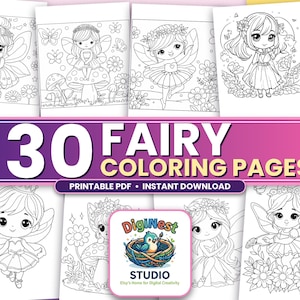 Könnte beinhalten: Eine Sammlung von 30 Feen-Malvorlagen mit schwarz-weißen Strichzeichnungen verschiedener Feenfiguren in Naturumgebungen mit Blumen und Pilzen. Der Text 30 FAIRY COLORING PAGES ist auf einem violetten Banner deutlich zu sehen.