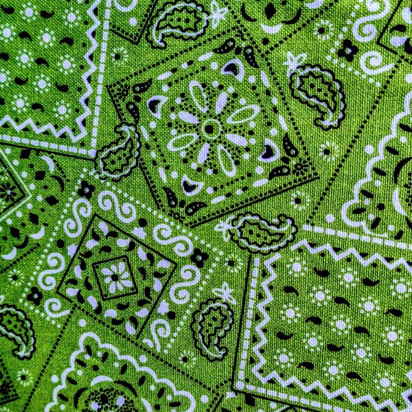 Bandane con motivo paisley, disponibili in vari colori, realizzate in tessuto 100% cotone.