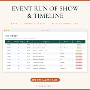 May include: A digital event run of show and timeline template for Excel and Google Sheets. The interface displays a table with columns for start time, duration, end time, segment, owner, and status, featuring colour-coded progress indicators.