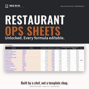 May include: An unlocked Excel workbook titled Restaurant Ops Sheets by Walk-In Co. Chef Brandon Politte. The document features a plate summary table with columns for menu items, categories, costs, prices, margins, and flags in a dark gray layout.