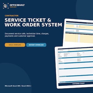 Może przedstawiać: Cyfrowy szablon systemu biletów serwisowych i zleceń pracy dla Microsoft Excel 365 i Excel 2021+. Ciemnoniebieska grafika zawiera tekst OFFICEBUILT TEMPLATES, CONTRACTOR SERVICE TICKET & WORK ORDER SYSTEM, EXCEL TEMPLATE oraz INSTANT DOWNLOAD.