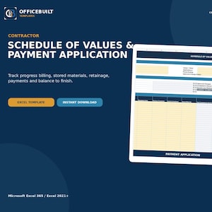 May include: A digital spreadsheet template titled Contractor Schedule of Values & Payment Application on a dark blue background. The document includes fields for progress billing, stored materials, retainage, and payments for Microsoft Excel 365.
