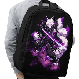 Cyberpunk-Kitsune-Rucksack, neonvioletter Anime-Fuchs-Rucksack, futuristischer japanischer Samurai-Schulrucksack
