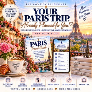 May include: A Paris travel guide spiral-bound book and a smartphone displaying a digital itinerary. The scene includes a coffee cup labeled Bonjour Paris, a croissant, a stack of books titled Paris, Cafés, Art, History, La Belle Vie, and a miniature Eiffel Tower.