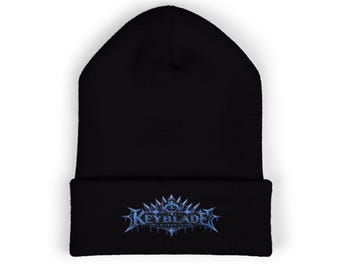 Blue Floral Embroidery Beanie | Cuffed Knit Hat