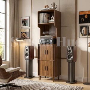May include: A tall, dark wood media storage cabinet featuring an open top shelf for vinyl records, a middle shelf for a turntable and amplifier, and two lower cabinets with double doors. The unit stands on four tapered legs and has a smooth finish.