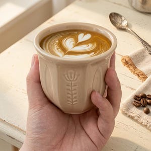 May include: A light beige ceramic mug with a vertical embossed flower pattern on the exterior. The mug is filled with a coffee beverage featuring a white heart-shaped latte art design on the surface of the dark brown liquid.