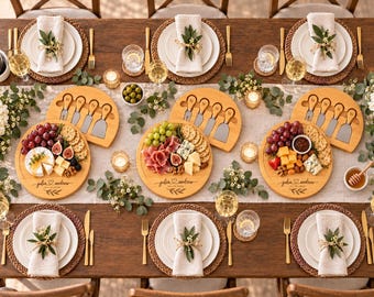 Personalized Round Charcuterie Board, Engraved Bamboo Cheese Board with 4 Serving Knives