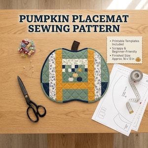 May include: A pumpkin-shaped quilted placemat with a patchwork design in green, yellow, and blue, accompanied by sewing scissors, colorful clips, a paper pattern with a measuring tape, and text reading PUMPKIN PLACEMAT SEWING PATTERN.