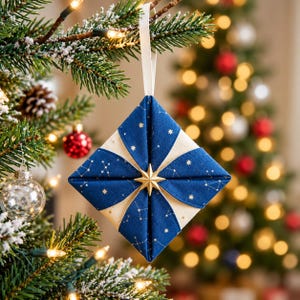 May include: A diamond-shaped fabric Christmas ornament featuring a dark blue celestial print with gold stars and constellations, accented by a central gold star emblem and a cream-colored fabric base, suspended by a white ribbon loop.