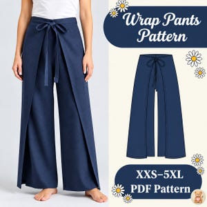 May include: Navy blue wrap pants featuring a front tie closure and wide legs. The image includes a technical illustration of the pants and text that reads Wrap Pants Pattern and XXS-5XL PDF Pattern, decorated with white daisy flower graphics.