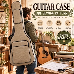 Może przedstawiać: Beżowy wykrój krawiecki PDF na pokrowiec na gitarę z tekstem GUITAR CASE PDF SEWING PATTERN, SEW CREATE PLAY, BEGINNER FRIENDLY, DETAILED INSTRUCTIONS, PRINT AT HOME, MAKE YOUR OWN oraz DIGITAL DOWNLOAD z obrazem pokrowca na gitarę.