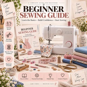 May include: A beginner sewing guide book with a white sewing machine, gold scissors, a pink measuring tape, spools of thread, a pincushion, and fabric swatches. The book cover features a dress illustration and the text Beginner Sewing Guide.