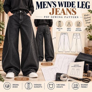 May include: A PDF sewing pattern for wide-leg jeans featuring a front and back view of the garment in black denim. The image includes technical line drawings, a measuring tape, sewing instructions, and text reading MEN'S WIDE LEG JEANS.