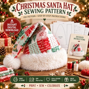 Puede incluir: Un patrón de costura para gorro de Papá Noel con diseño de patchwork en rojo, verde y blanco, borde de piel sintética blanca y un pompón. Incluye hojas de instrucciones impresas, una cinta métrica, carretes de hilo y tijeras.