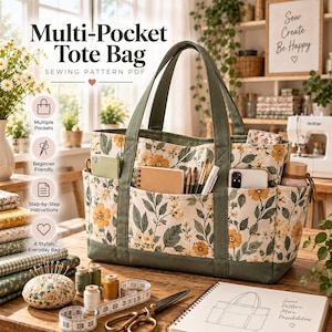 May include: A multi-pocket tote bag sewing pattern PDF featuring a cream fabric with a yellow floral and green leaf print, accented by olive green trim and handles. The bag contains various items including a notebook, pens, and a smartphone.