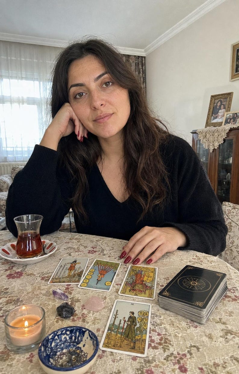 Op de afbeelding: Een zwarte V-hals trui gedragen door een persoon die aan een tafel zit met een tarotkaartspel, vier uitgestalde tarotkaarten, een glas donkere thee op een schoteltje, een klein brandend kaarsje in een glazen houder en drie kleine gepolijste kristallen.
