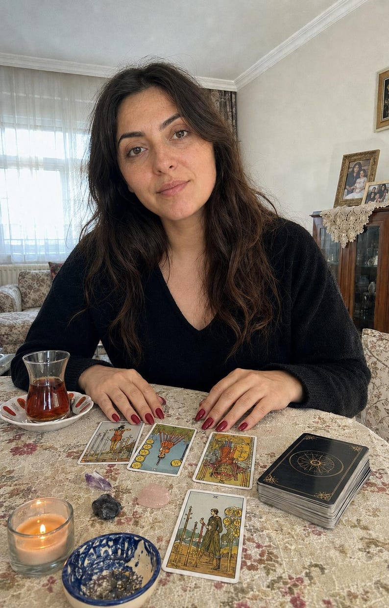 Op de afbeelding: Een persoon met lang donker haar in een zwarte trui met v-hals zit aan een tafel met vier uitgestalde tarotkaarten, een stapel kaarten, een klein theeglas, een brandende kaars in een houder, een blauw-wit kommetje en drie kleine kristallen.