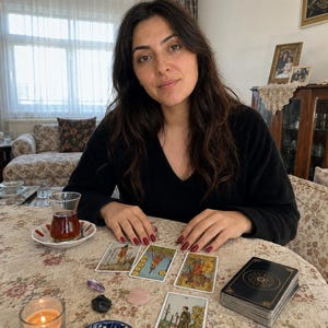 Op de afbeelding: Een set tarotkaarten verspreid over een gebloemd tafelkleed, inclusief een stapel kaarten met een zwart-gouden achterkant, een brandende kaars in een glazen houder, een klein kommetje, drie losse kristallen en een glas donkere thee op een schoteltje.