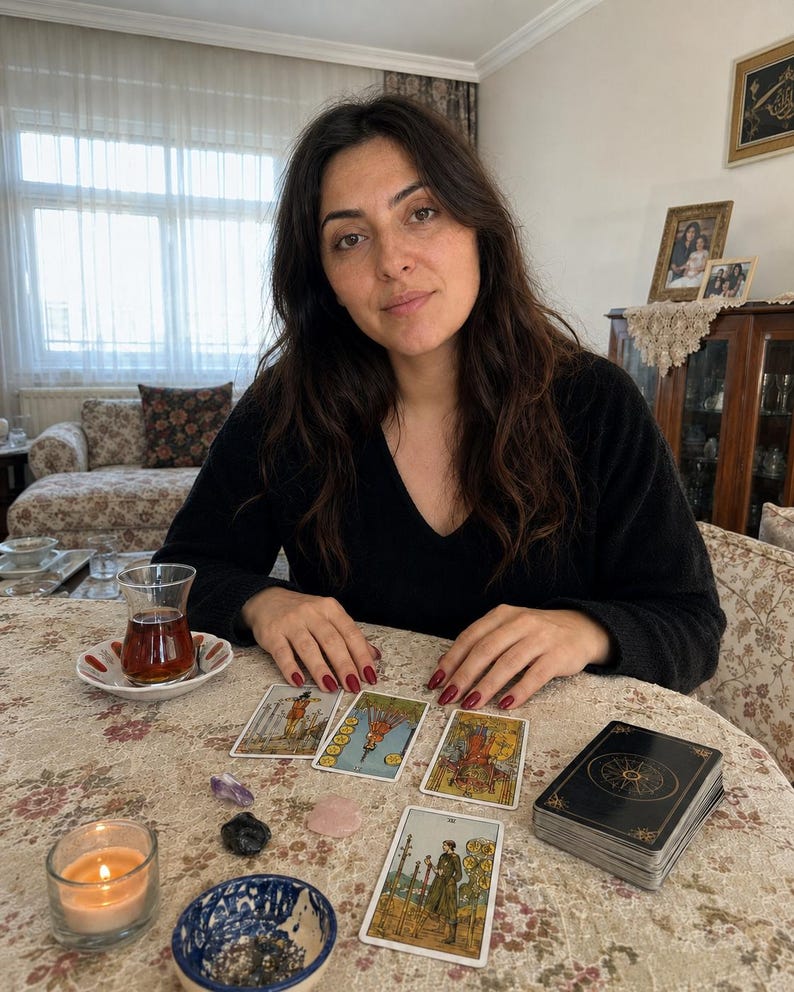 Op de afbeelding: Een set tarotkaarten verspreid over een gebloemd tafelkleed, inclusief een stapel kaarten met een zwart-gouden achterkant, een brandende kaars in een glazen houder, een klein kommetje, drie losse kristallen en een glas donkere thee op een schoteltje.