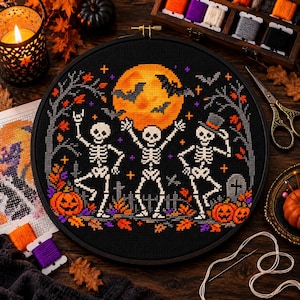 Halloween Cross Stitch Pattern PDF , Skeletons Under Moon , Counted Embroidery Chart , Digital Download