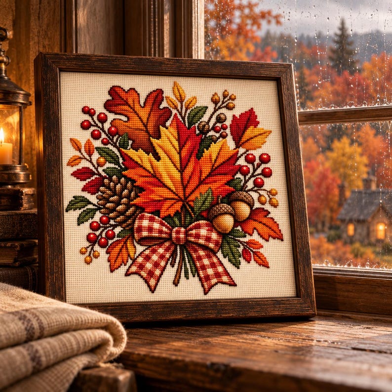 Autumn Harvest Cross Stitch Pattern, Fall Leaf Bow Embroidery (digital ...