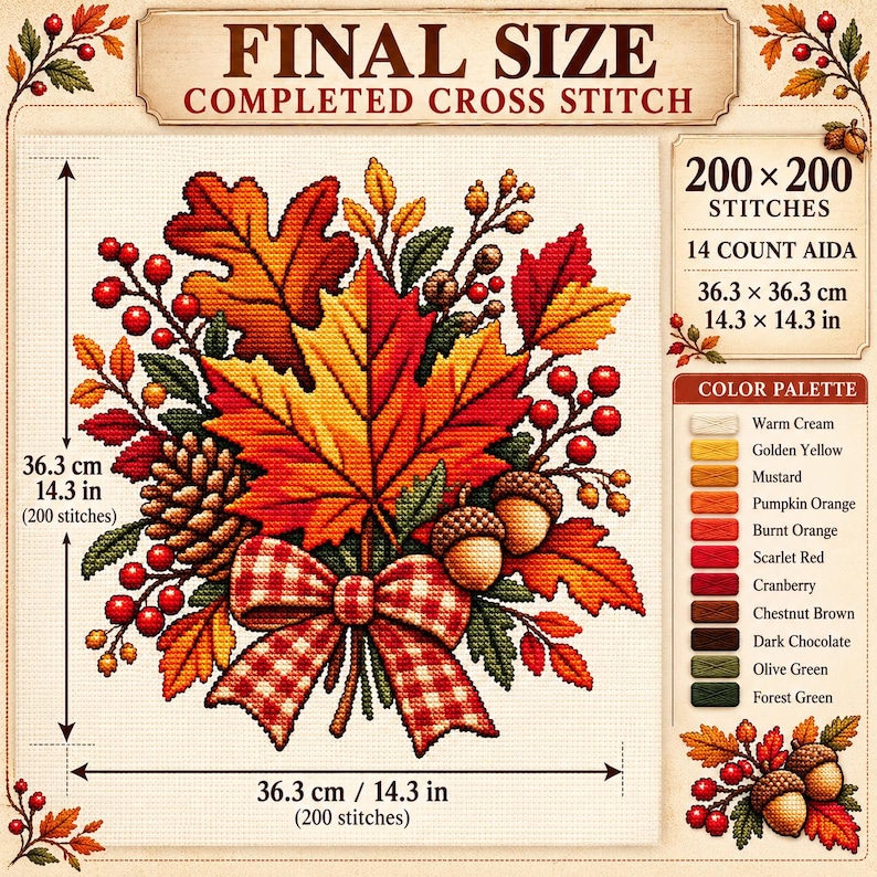 Autumn Harvest Cross Stitch Pattern, Fall Leaf Bow Embroidery (digital ...