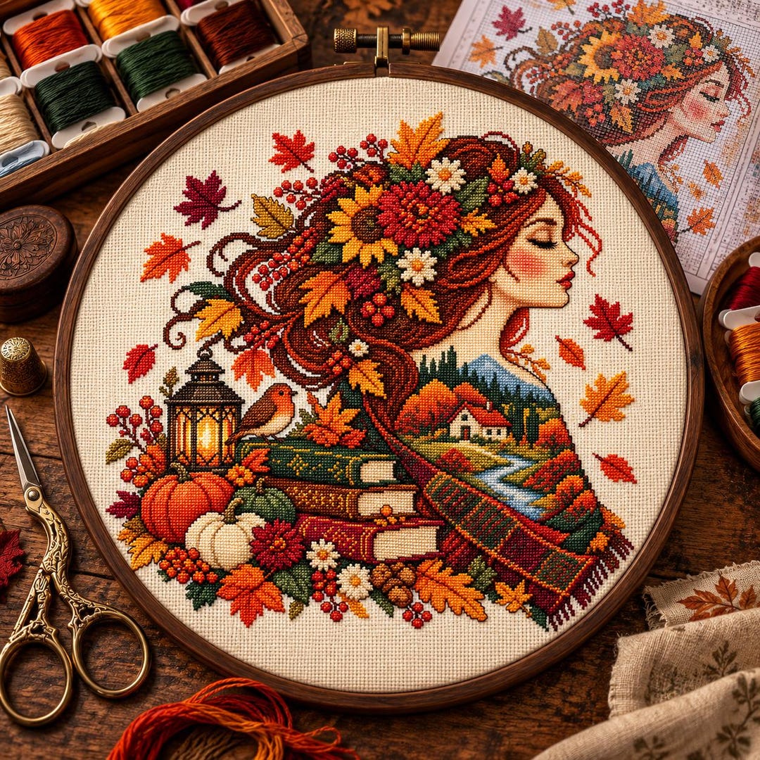 Charr Pattern Autumn Woman Cross Stitch Pattern, Fall Counted Embroidery Chart ...