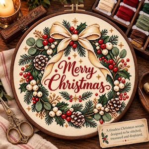 May include: A circular cross-stitch embroidery project in a wooden hoop featuring a Christmas wreath design with green pine needles, red berries, white berries, and pinecones, centered by a cream bow and the red text Merry Christmas.