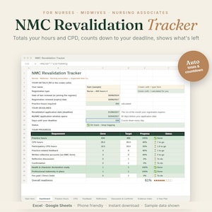Könnte beinhalten: Eine NMC-Revalidierungs-Tracker-Tabelle für Pflegekräfte, Hebammen und Pflegeassistenten. Das digitale Dashboard zeigt Registrierungsdetails, Fristen sowie den Fortschritt bei Praxisstunden und Fortbildungen mit automatischen Summen.