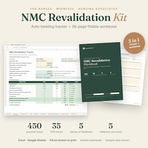 Może przedstawiać: Zestaw NMC Revalidation Kit z automatycznym trackerem i 36-stronicowym zeszytem ćwiczeń. Zestaw zawiera cyfrowy pulpit nawigacyjny do śledzenia 450 godzin praktyki, 35 godzin CPD, 5 opinii oraz 5 sprawozdań z refleksji dla pielęgniarek.