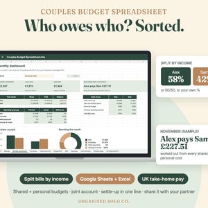Couples Budget Spreadsheet, Split Bills by Income, Joint Budget Planner, Google Sheets and Excel